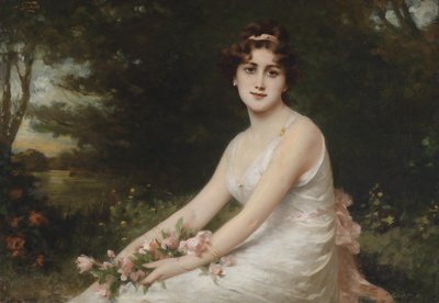 Young Lady with Roses by the Lake by Nathaniel Sichel